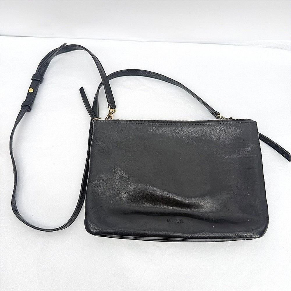 Fossil Devon Crossbody Bag Black Cow Hide Leather Minimalist Dbl Top‎ Zip Basic